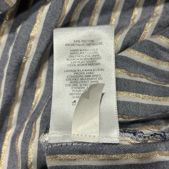 Express Scoop Neck Navy White Gold Metallic Stripe Long Sleeve Button Cuff Shirt - Picture 5 of 8